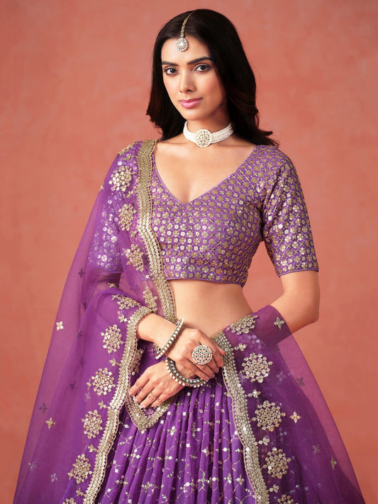 Purple Zari Embroidered Georgette Lehenga Choli with Net Dupatta