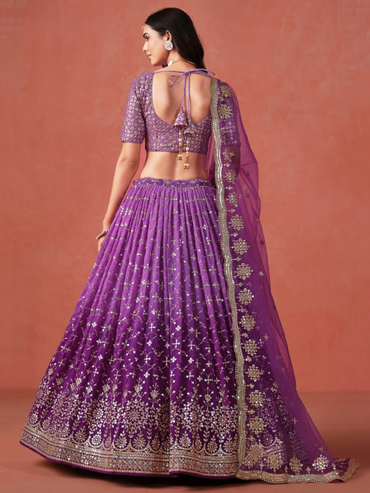 Purple Zari Embroidered Georgette Lehenga Choli with Net Dupatta