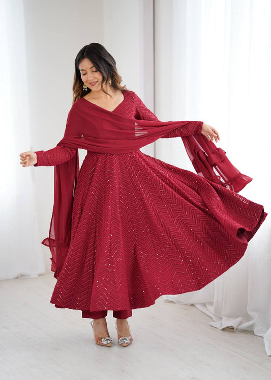 Elegant Maroon Anarkali Suit with Sequins Embroidery and Ruffled Dupatta