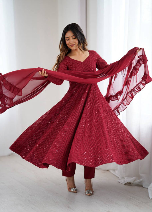 Elegant Maroon Anarkali Suit with Sequins Embroidery and Ruffled Dupatta