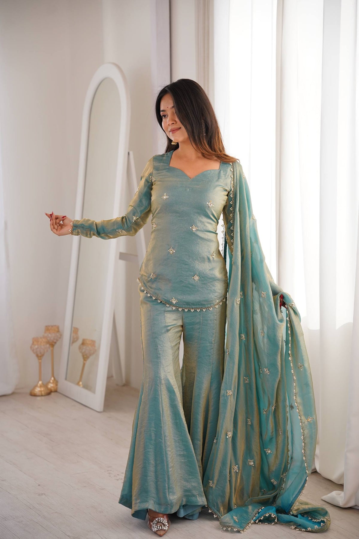 Elegant Teal Green Fendy Silk Sharara Palazzo Set with Embroidered Dupatta