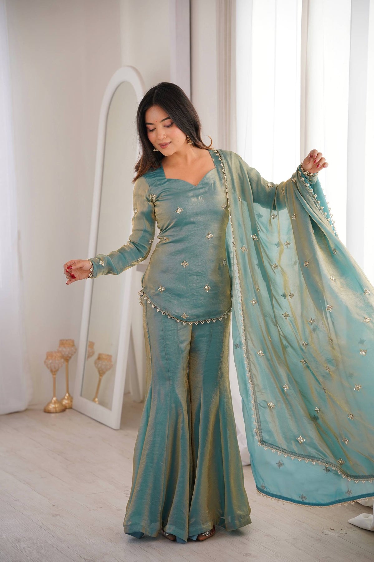 Elegant Teal Green Fendy Silk Sharara Palazzo Set with Embroidered Dupatta