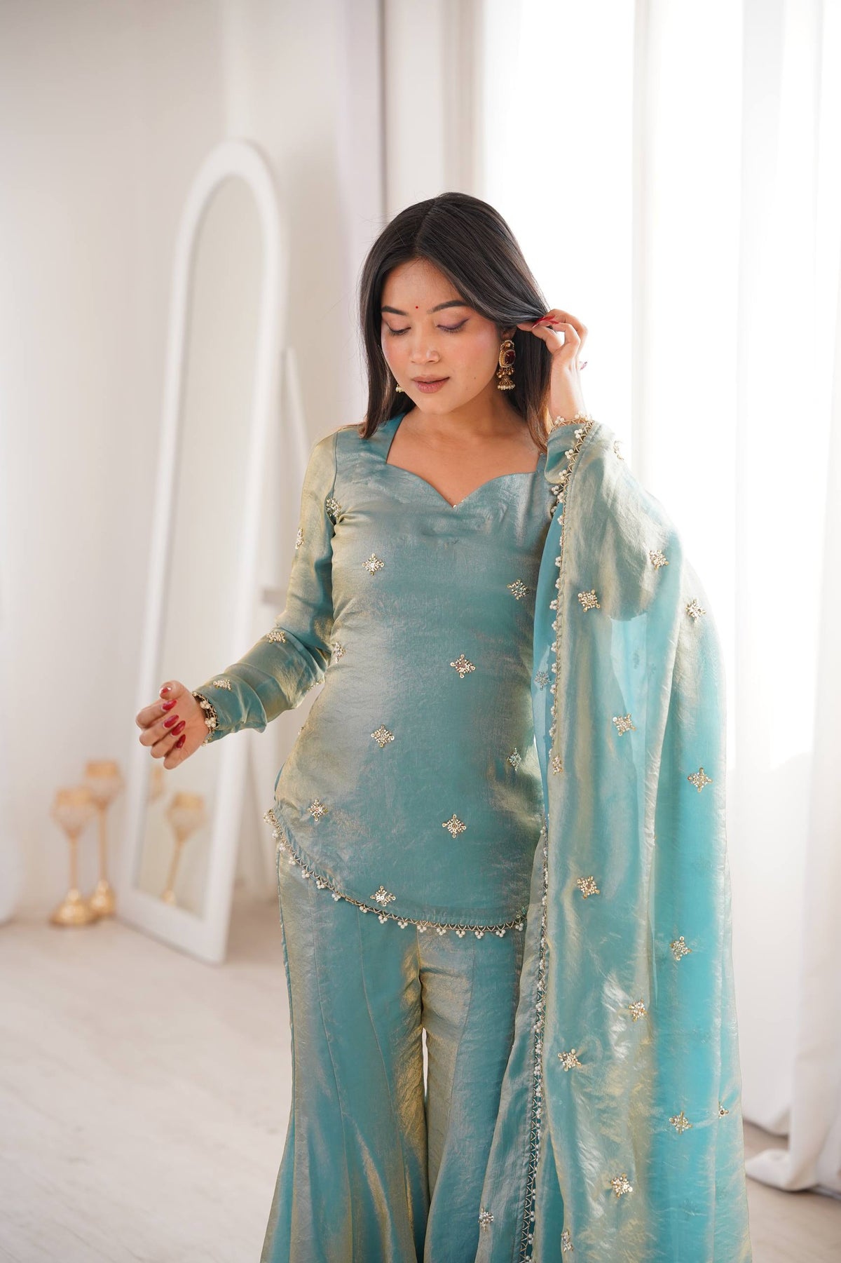 Elegant Teal Green Fendy Silk Sharara Palazzo Set with Embroidered Dupatta