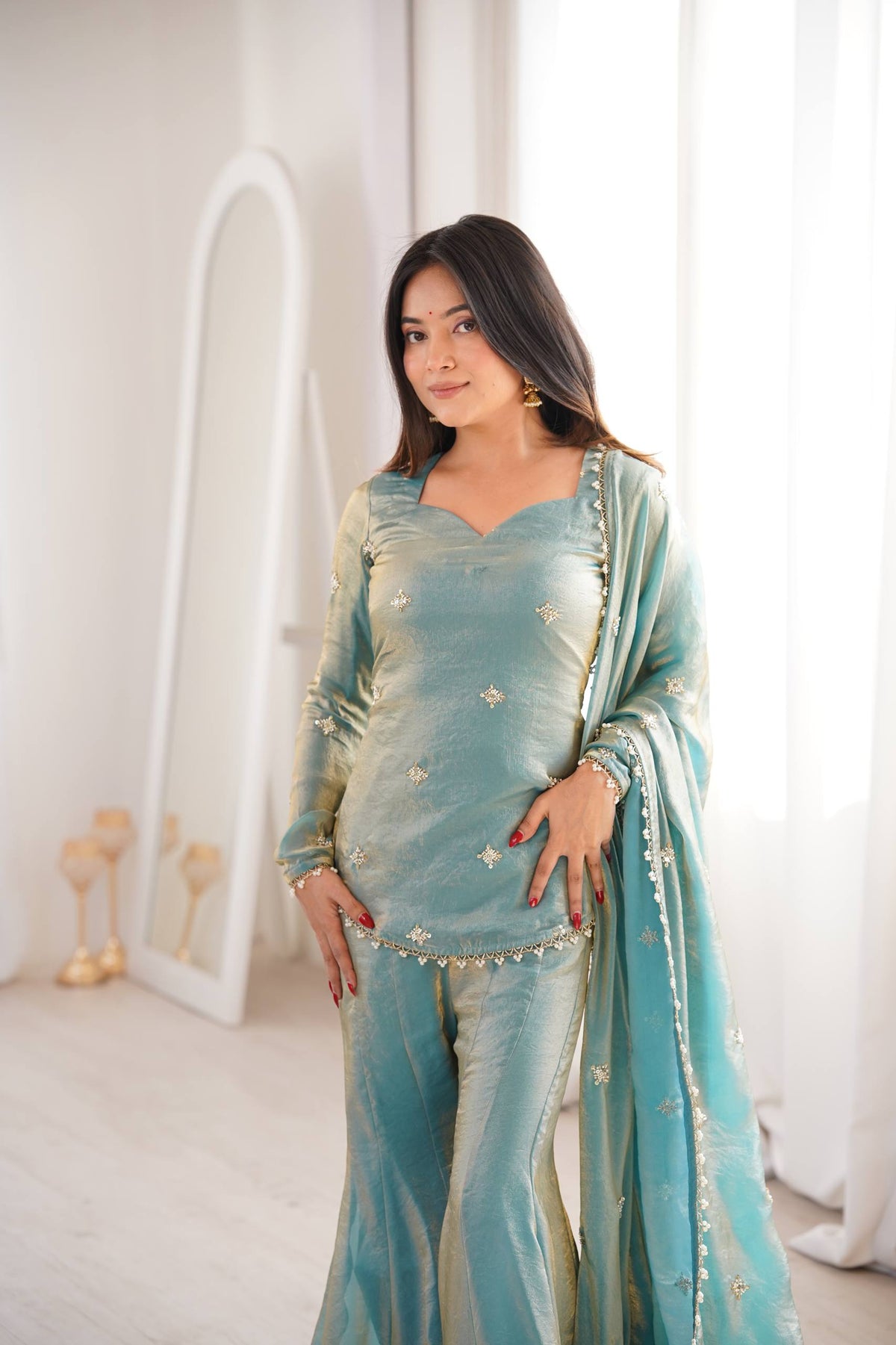 Elegant Teal Green Fendy Silk Sharara Palazzo Set with Embroidered Dupatta