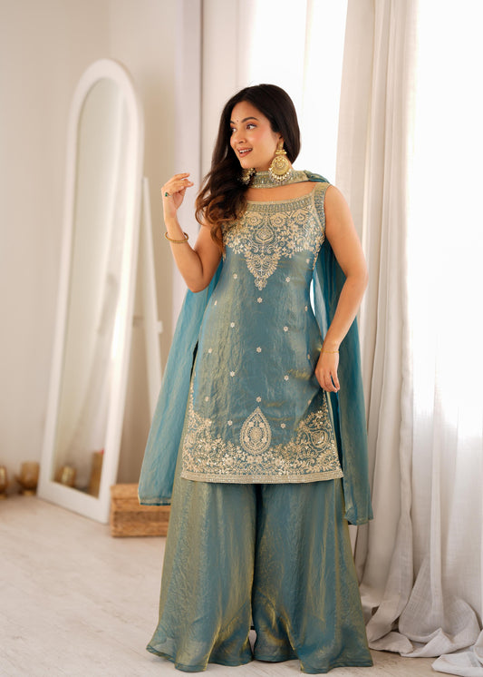 Dusty Blue Fendy Silk Sharara Suit with Zari & Sequence Work