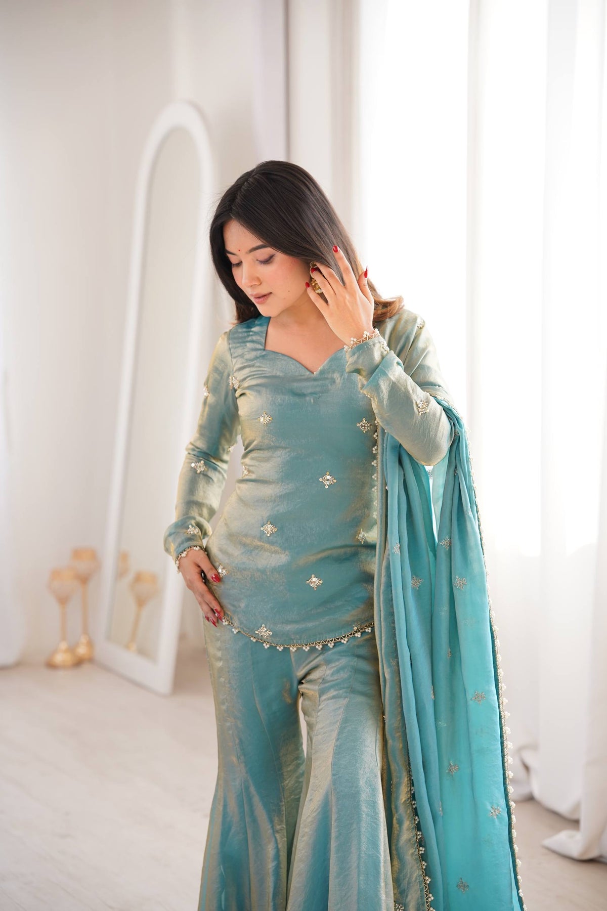 Elegant Teal Green Fendy Silk Sharara Palazzo Set with Embroidered Dupatta