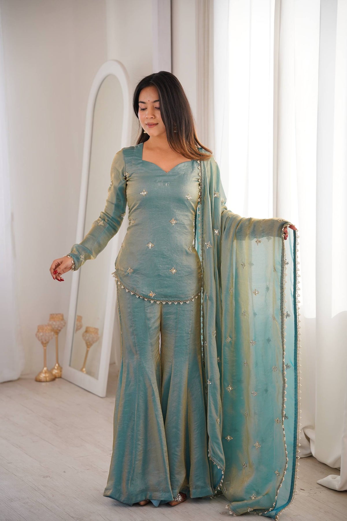 Elegant Teal Green Fendy Silk Sharara Palazzo Set with Embroidered Dupatta