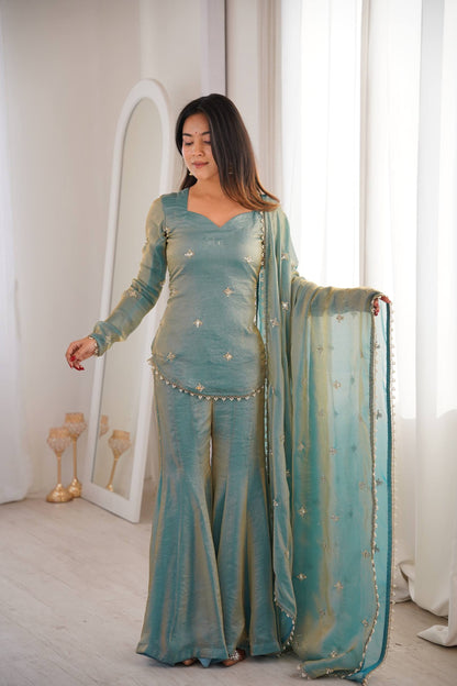 Elegant Teal Green Fendy Silk Sharara Palazzo Set with Embroidered Dupatta