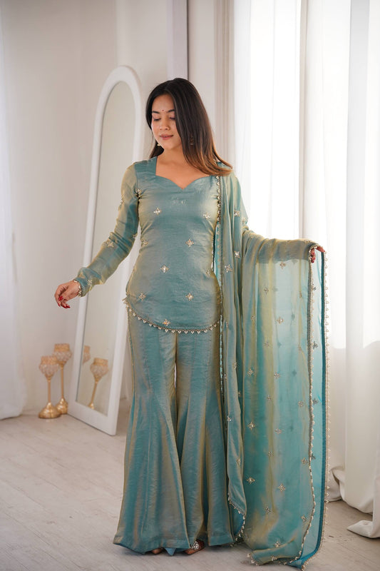 Elegant Teal Green Fendy Silk Sharara Palazzo Set with Embroidered Dupatta