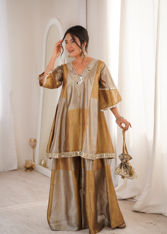 Two-Tone Tissue Kurti Palazzo Set with Mirror Work Lace & Batwa