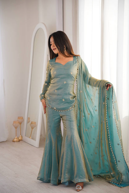 Elegant Teal Green Fendy Silk Sharara Palazzo Set with Embroidered Dupatta