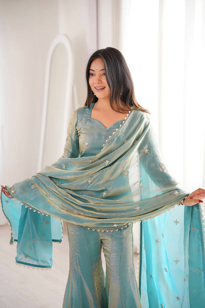 Elegant Teal Green Fendy Silk Sharara Palazzo Set with Embroidered Dupatta