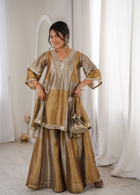 Two-Tone Tissue Kurti Palazzo Set with Mirror Work Lace & Batwa