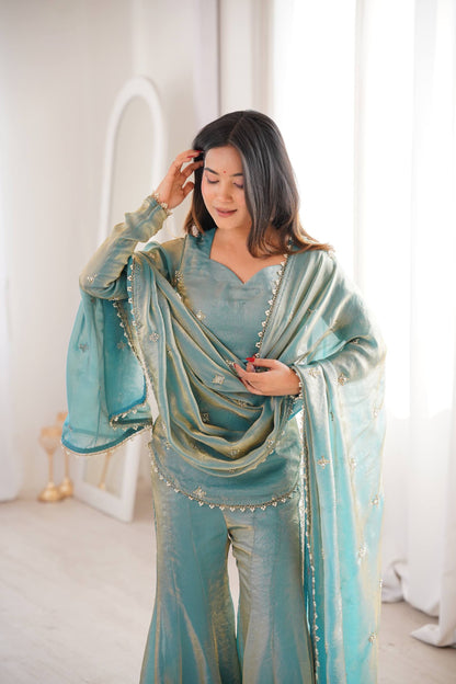 Elegant Teal Green Fendy Silk Sharara Palazzo Set with Embroidered Dupatta