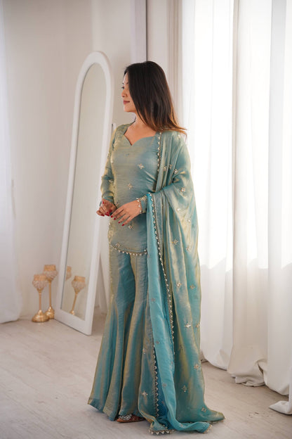 Elegant Teal Green Fendy Silk Sharara Palazzo Set with Embroidered Dupatta