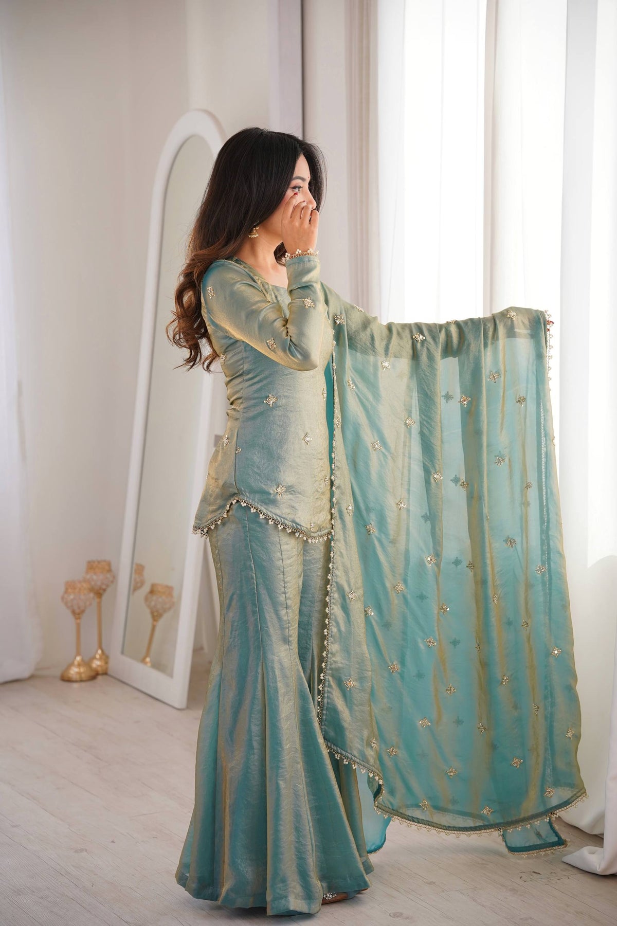 Elegant Teal Green Fendy Silk Sharara Palazzo Set with Embroidered Dupatta
