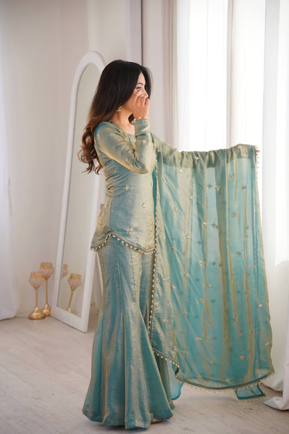 Elegant Teal Green Fendy Silk Sharara Palazzo Set with Embroidered Dupatta