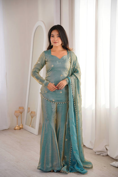 Elegant Teal Green Fendy Silk Sharara Palazzo Set with Embroidered Dupatta