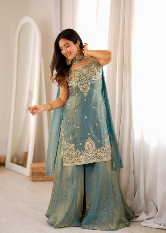 Dusty Blue Fendy Silk Sharara Suit with Zari & Sequence Work