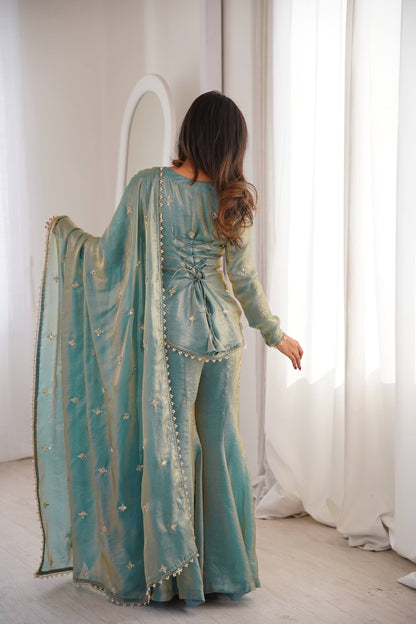 Elegant Teal Green Fendy Silk Sharara Palazzo Set with Embroidered Dupatta