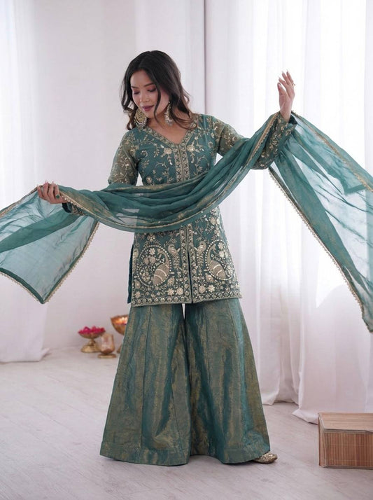Bottle Green Fendy silk Embroidered Kurti Palazzo Set with Dupatta