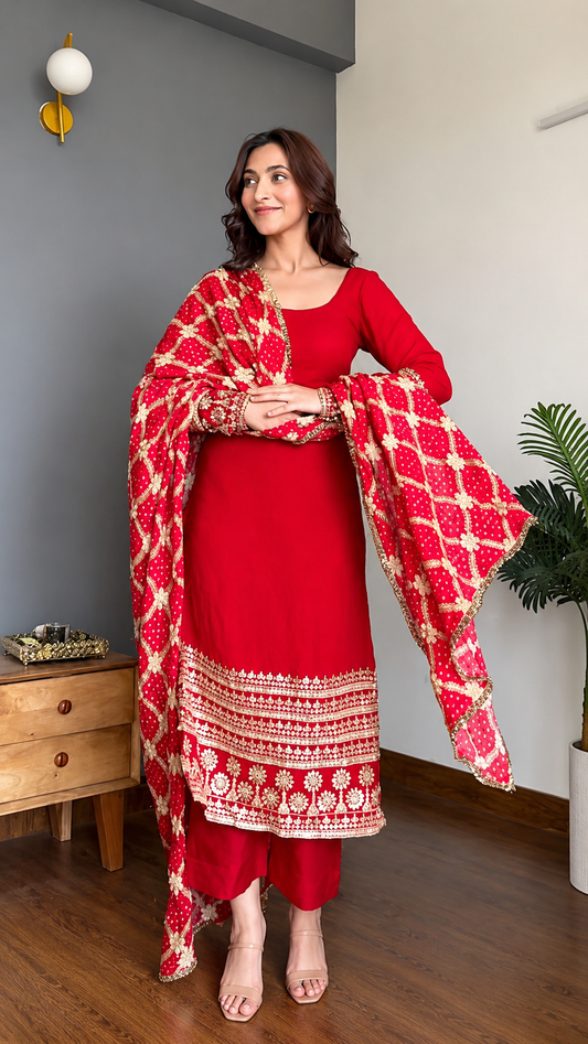 Designer Red Straight Cut Suit for Women with Pant and Dupatta