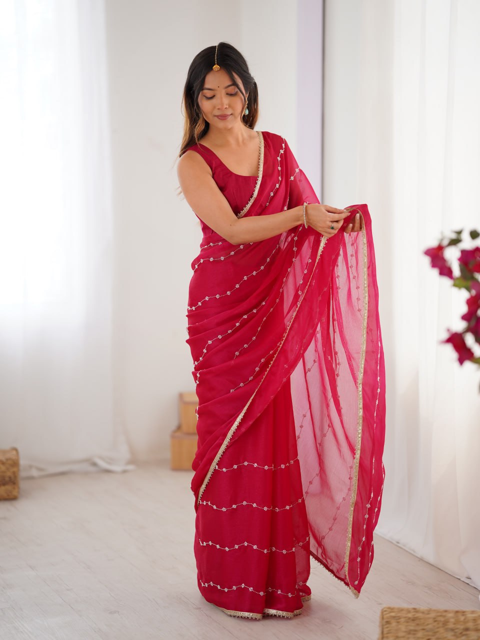 Rani Pink Sequin Embroidered Saree with Golden Border for Party & Festive Wear