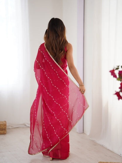 Rani Pink Sequin Embroidered Saree with Golden Border for Party & Festive Wear