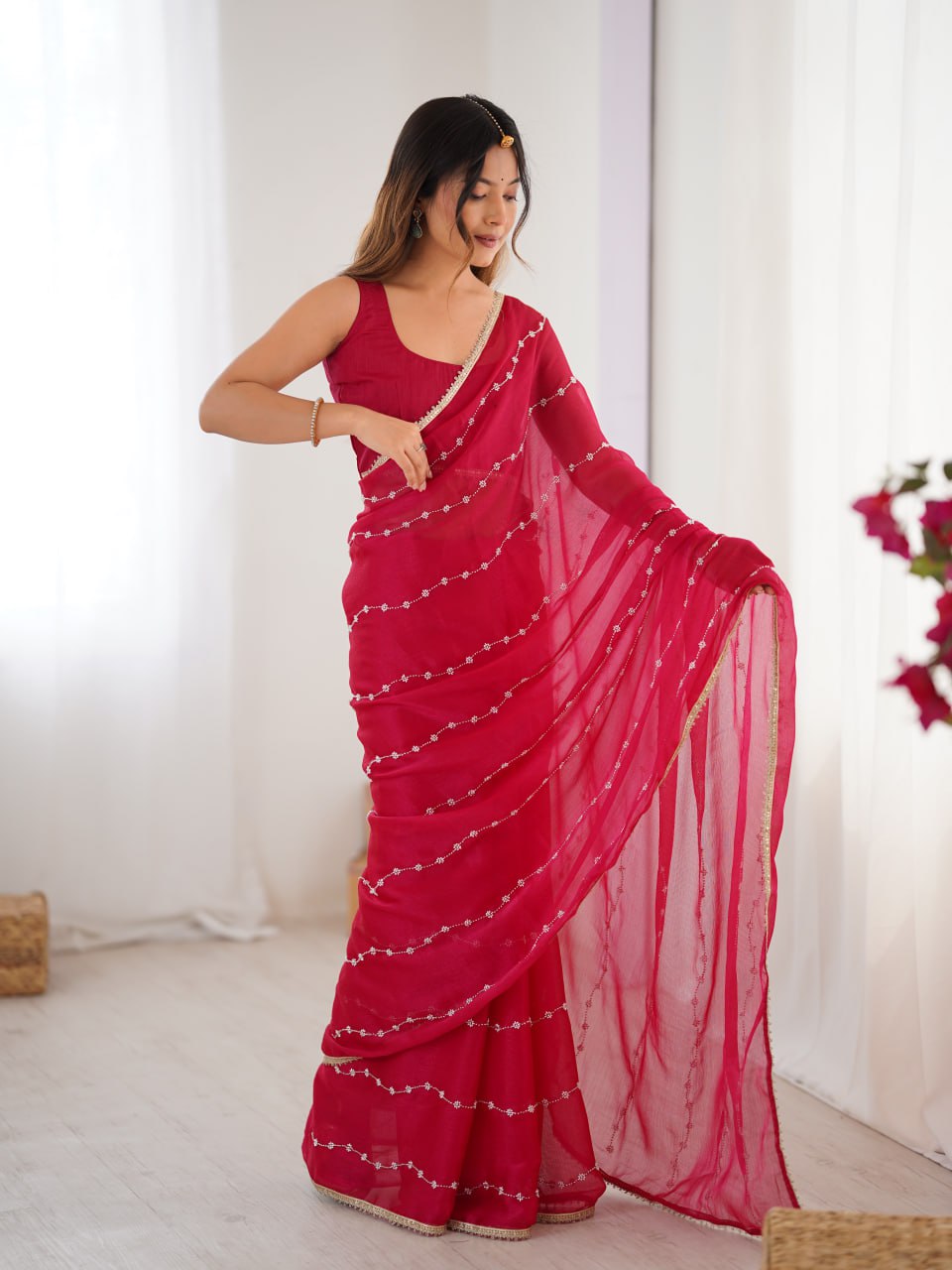 Rani Pink Sequin Embroidered Saree with Golden Border for Party & Festive Wear