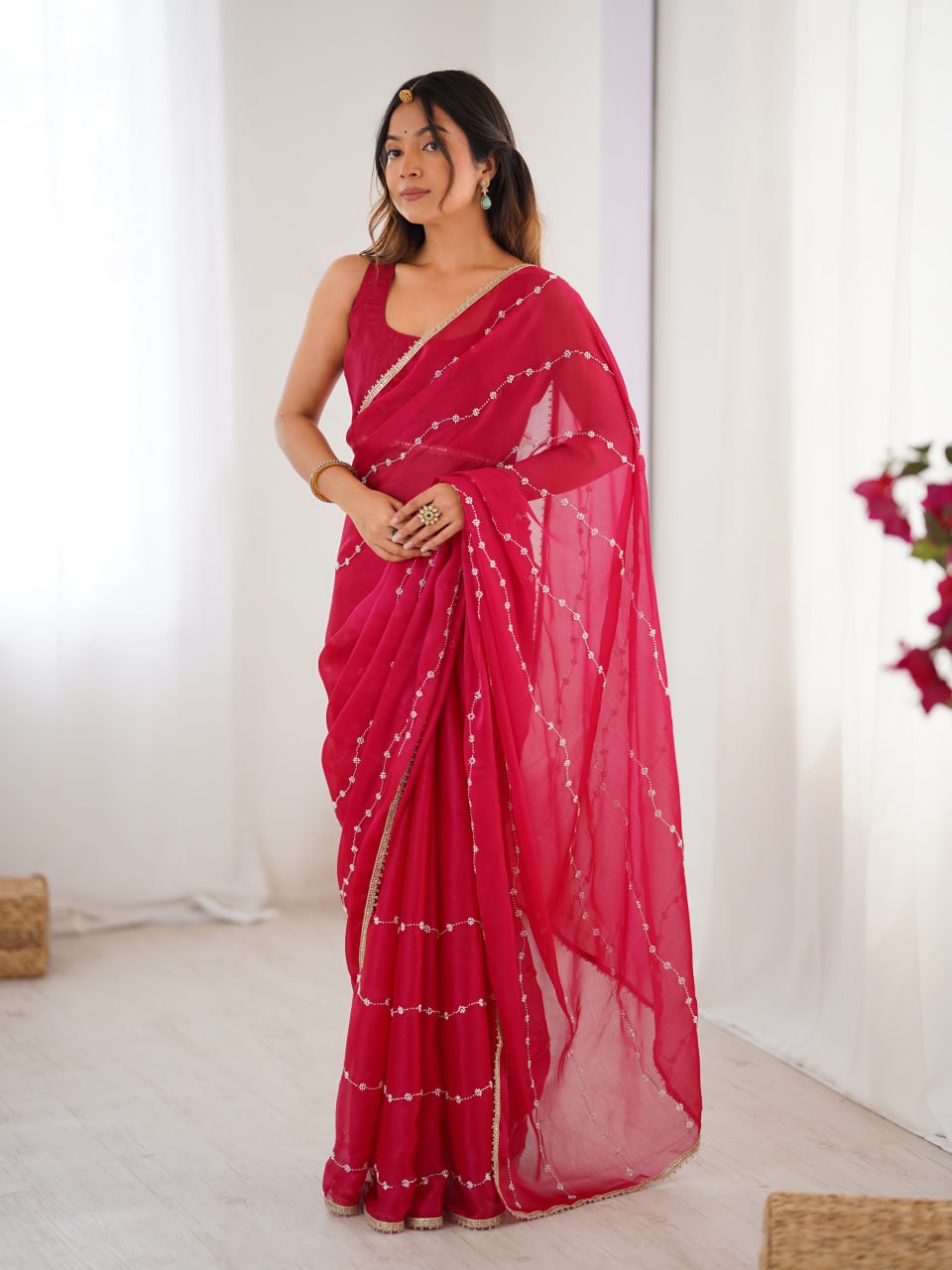 Rani Pink Sequin Embroidered Saree with Golden Border for Party & Festive Wear