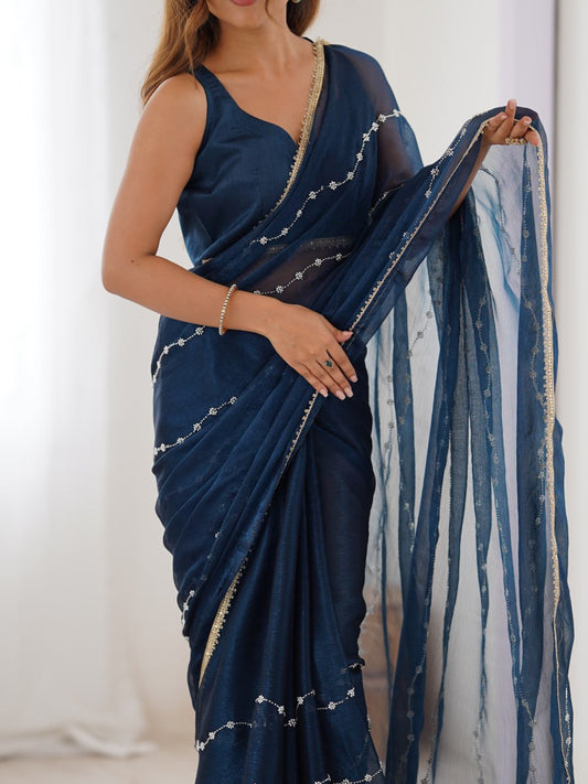 Stylish Navy Blue Embellished Saree with Matching Blouse Piece