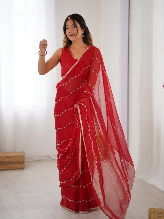 Stunning Red Sequin Embellished Saree with Matching Blouse
