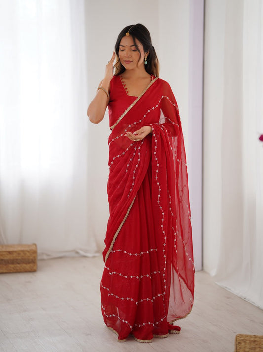 Stunning Red Sequin Embellished Saree with Matching Blouse