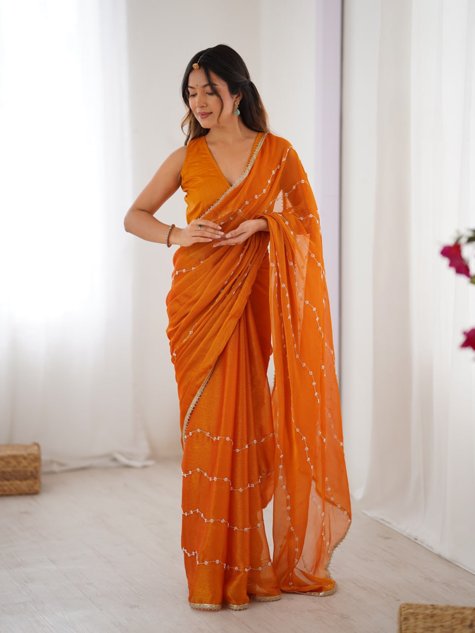 Orange Party Wear Saree with Sequin Work and Matching Blouse