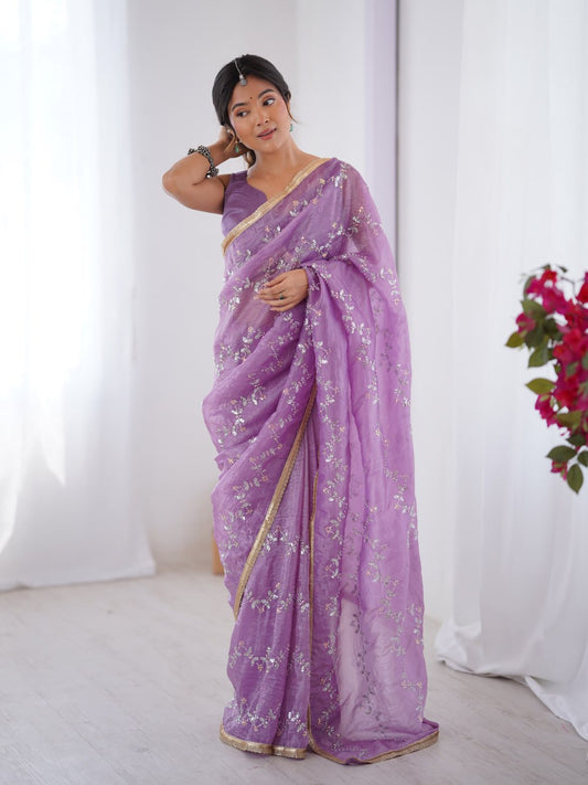 Lavender Crush Saree with Sequin Embroidery and lace Border