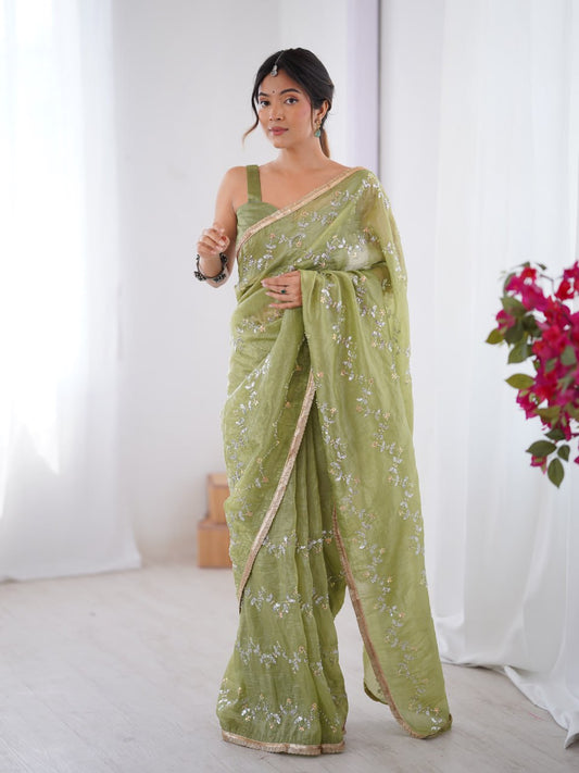 Pastel Green Embroidered Organza Saree with Golden Border