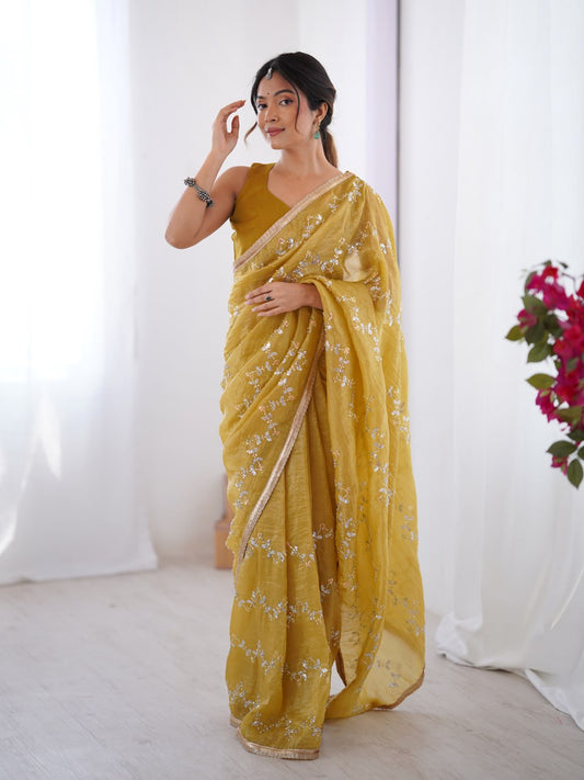 Golden Mustard Embroidered Organza Saree with Shimmer Border
