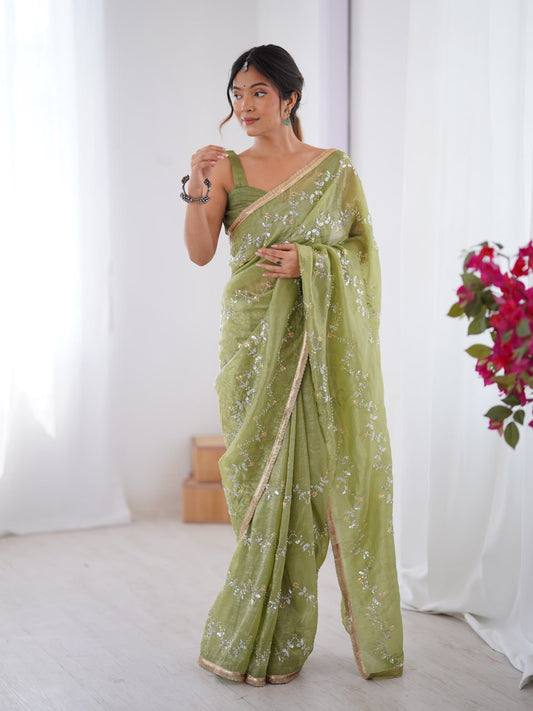 Pastel Green Embroidered Organza Saree with Golden Border