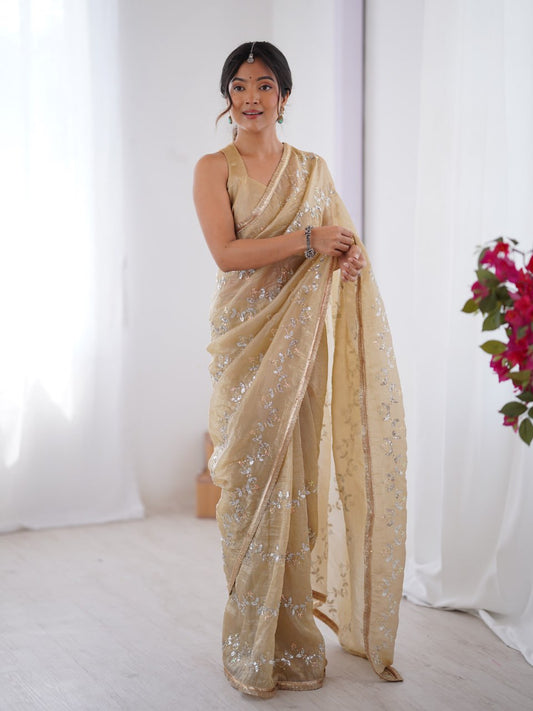 Beige Golden Embroidered Saree with Shimmer Border for Weddings & Festive Events