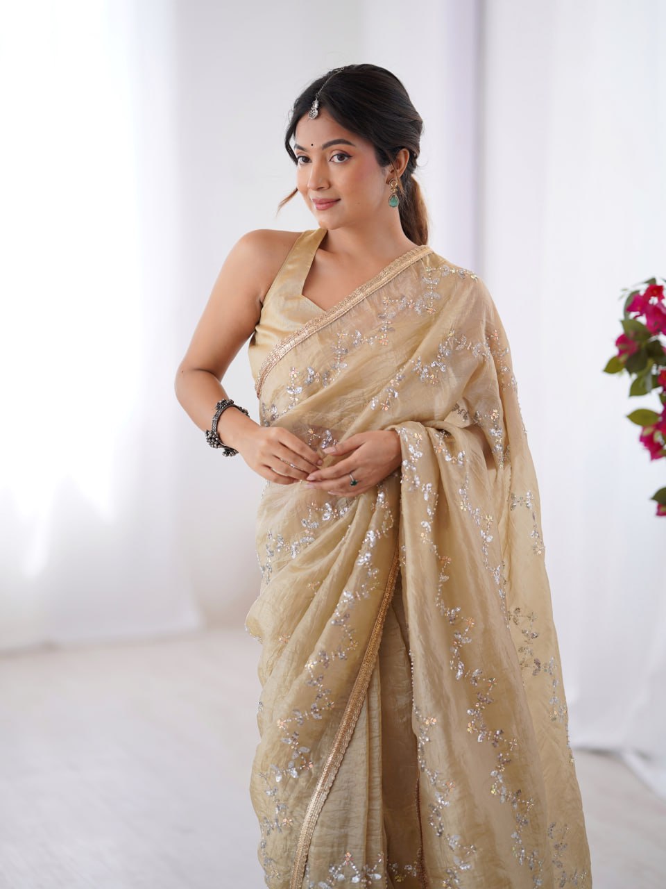 Beige Golden Embroidered Saree with Shimmer Border for Weddings & Festive Events
