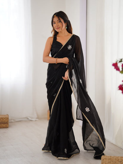 Black Sequin Embroidered Saree with Shimmer Border