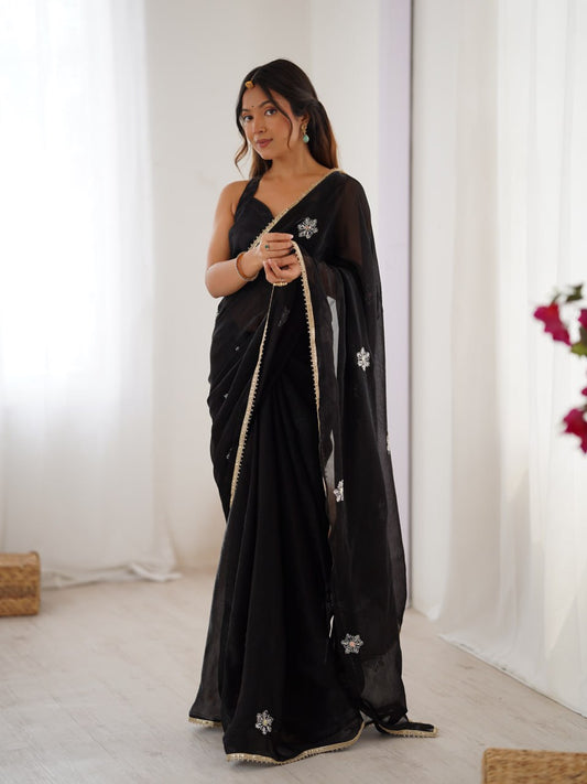 Black Sequin Embroidered Saree with Shimmer Border