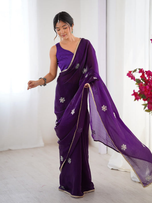 Elegant Party Royal Purple Saree with Embellished Lace Border