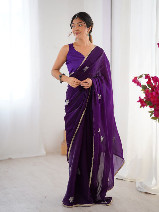Elegant Party Royal Purple Saree with Embellished Lace Border
