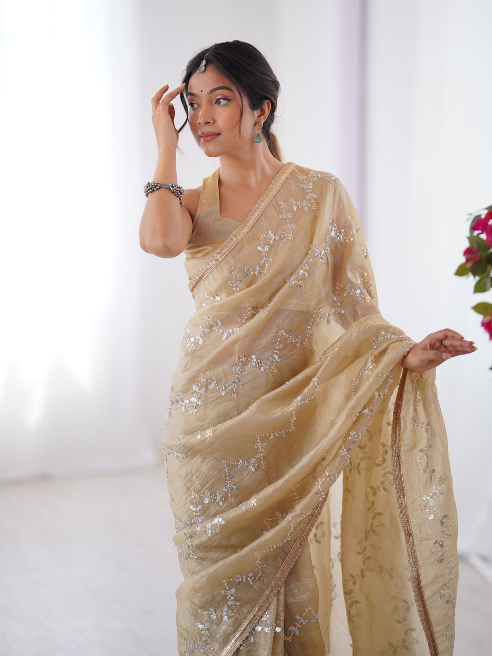Beige Golden Embroidered Saree with Shimmer Border for Weddings & Festive Events