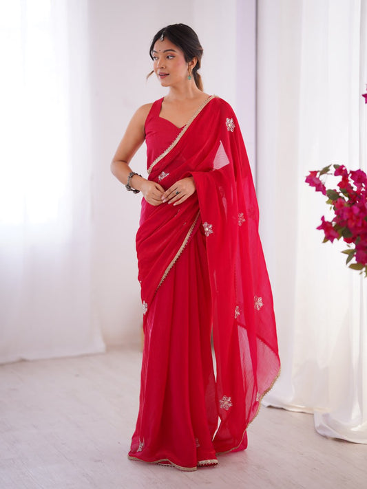 Elegant Ethnic Rani Pink Saree with Beads moti and Lace Border