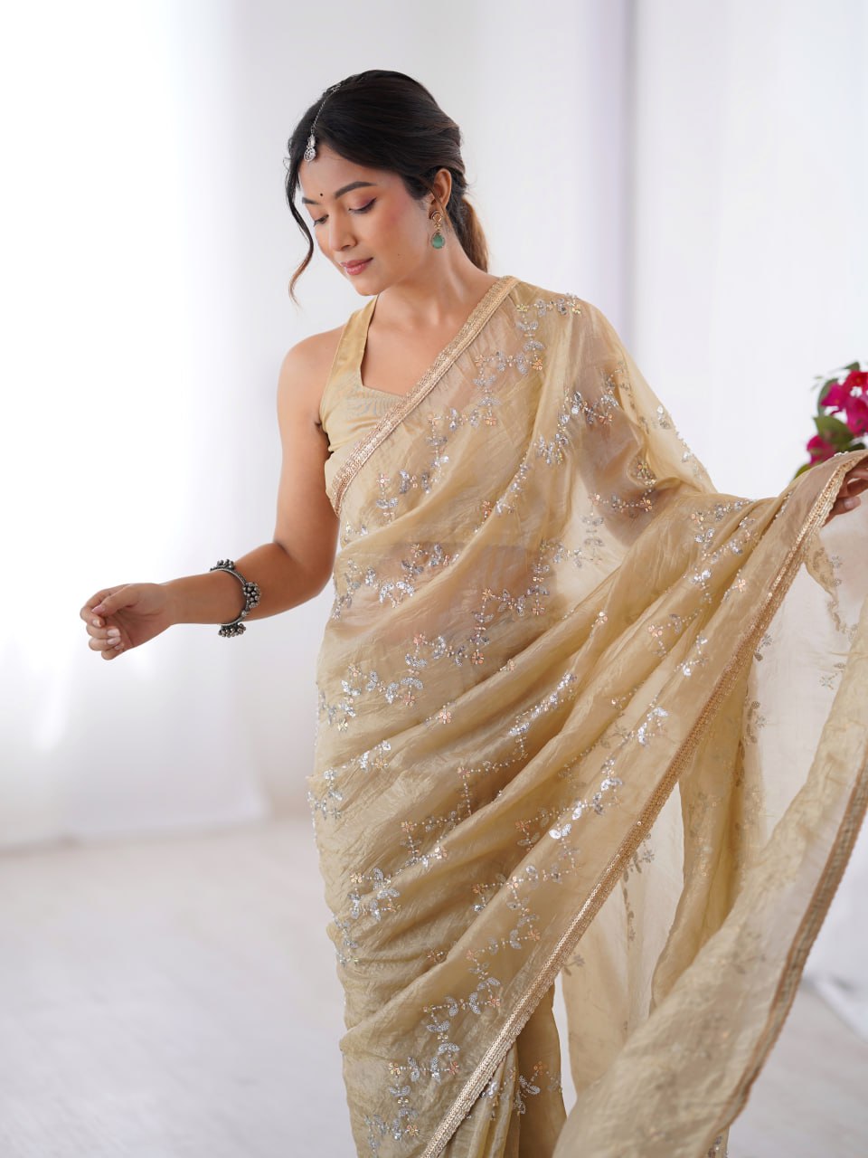 Beige Golden Embroidered Saree with Shimmer Border for Weddings & Festive Events