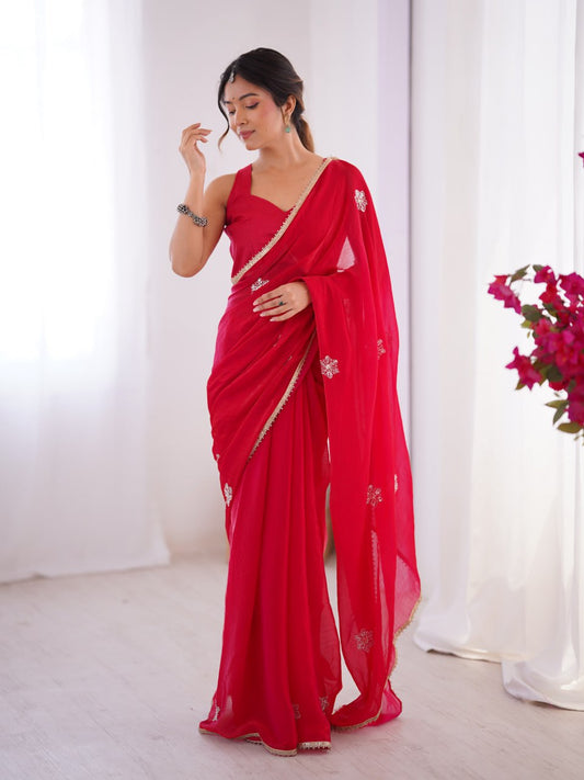 Elegant Ethnic Rani Pink Saree with Beads moti and Lace Border