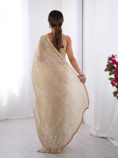 Beige Golden Embroidered Saree with Shimmer Border for Weddings & Festive Events