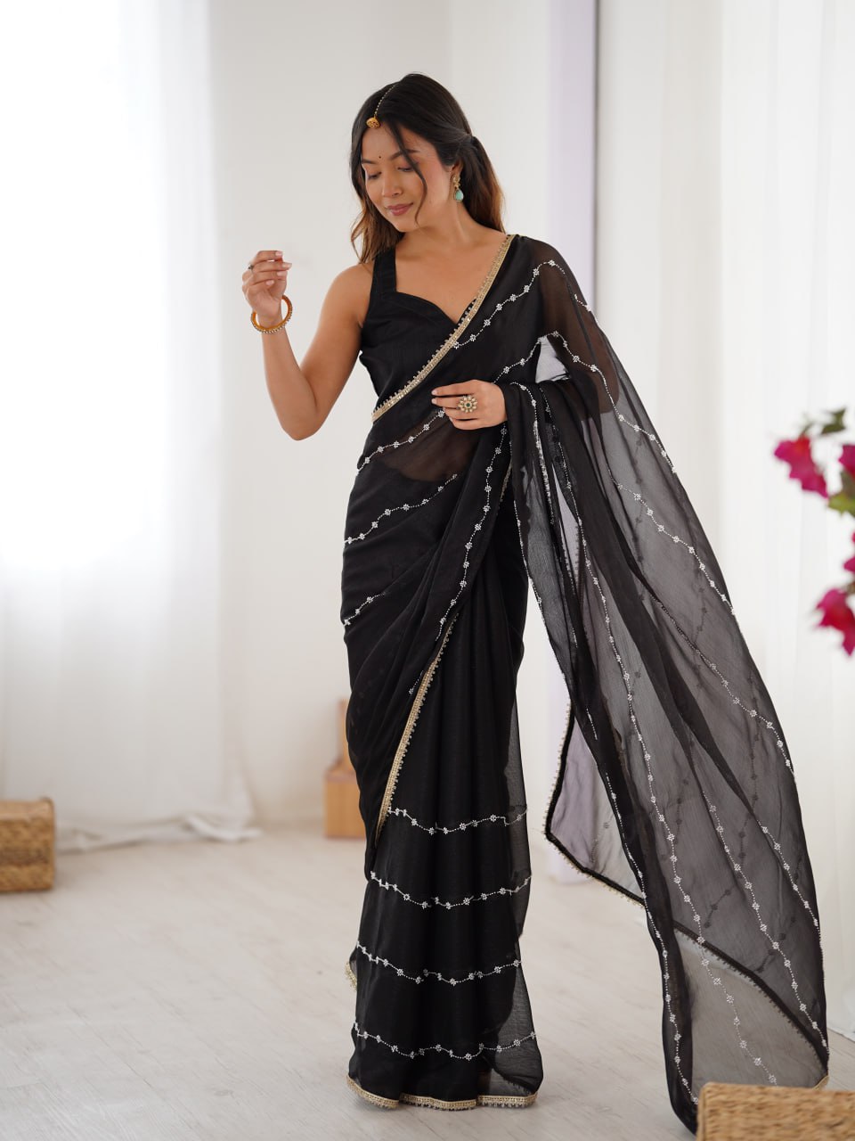 Stylish Black Embroidered Saree with Golden Lace Border